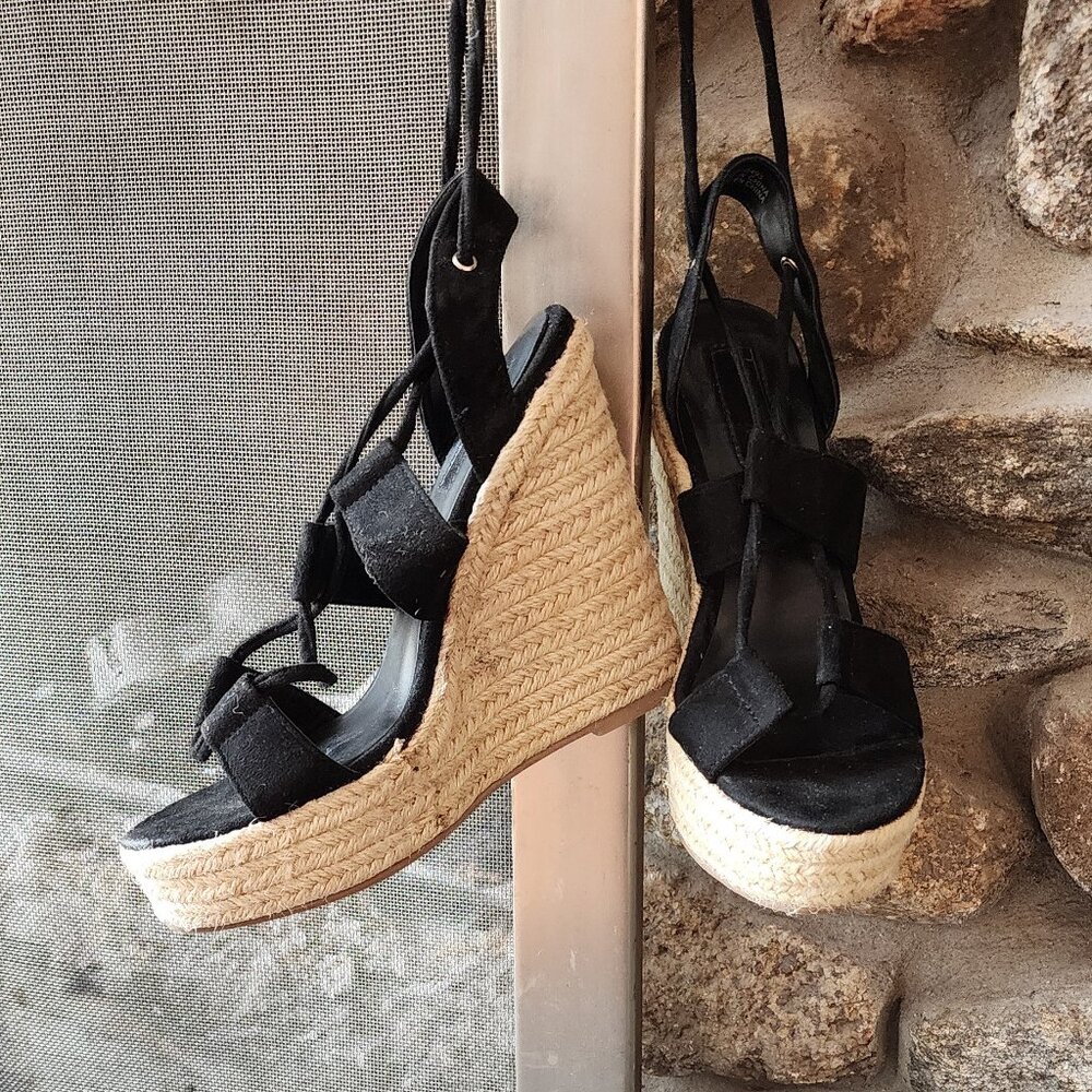 Forever 21 Black Faux Suede Wedge Espadrille Sandals Size 7 - Picture 3 of 16